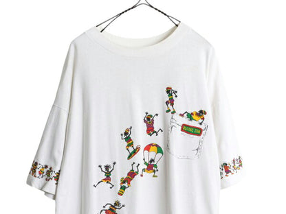 90s ジャマイカ製 レゲエ 4面 イラスト プリント Tシャツ メンズ XL 古着 オールド ラスタ 音物 バンド シングルステッチ 白 大きいサイズ