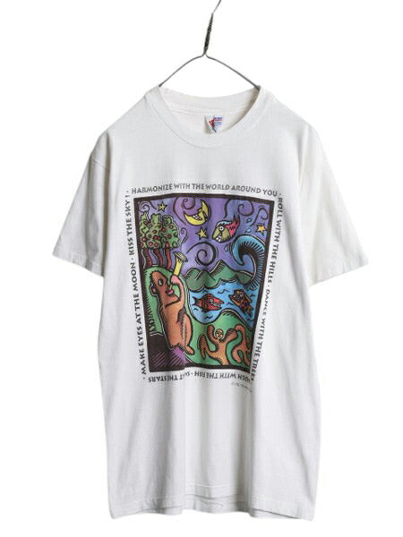 90s USA製 メッセージ アート イラスト プリント Tシャツ メンズ M 古着 オールド シングルステッチ ヘビーウェイト グラフィック ホワイト