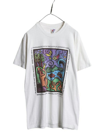 90s USA製 メッセージ アート イラスト プリント Tシャツ メンズ M 古着 オールド シングルステッチ ヘビーウェイト グラフィック ホワイト