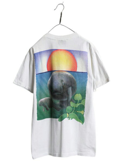90s USA製 アニマル アート イラスト 両面 プリント 半袖 Tシャツ メンズ M / オールド シングルステッチ ヘビーウェイト グラフィック 白
