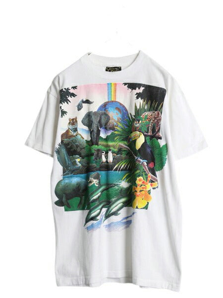 90s USA製 アニマル アート イラスト 両面 プリント 半袖 Tシャツ メンズ M / オールド シングルステッチ ヘビーウェイト グラフィック 白