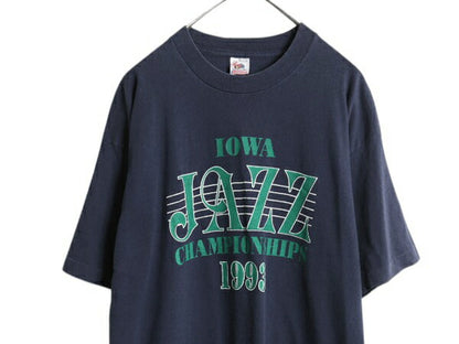 90s USA製 カレッジ ジャズ アート イラスト プリント Tシャツ メンズ XL オールド シングルステッチ 大きいサイズ ヘビーウェイト 紺 音物