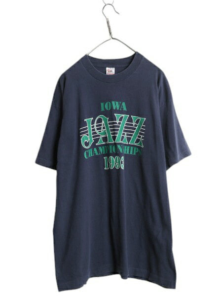 90s USA製 カレッジ ジャズ アート イラスト プリント Tシャツ メンズ XL オールド シングルステッチ 大きいサイズ ヘビーウェイト 紺 音物