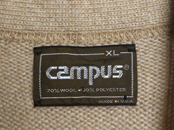 80s USA製 CAMPUS ウール ニット カーディガン メンズ XL 小さめ L 程/ ヴィンテージ セーター ポケット付き 前開き 羽織り ベージュ 無地