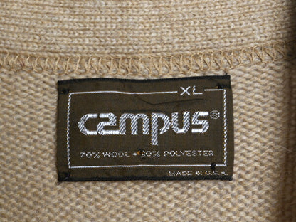 80s USA製 CAMPUS ウール ニット カーディガン メンズ XL 小さめ L 程/ ヴィンテージ セーター ポケット付き 前開き 羽織り ベージュ 無地