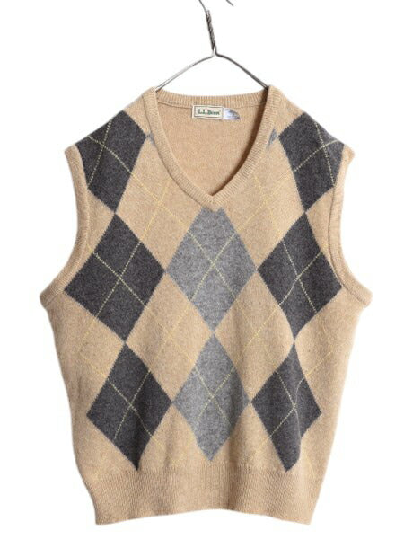 80s スコットランド製 エルエルビーン アーガイル ニット ベスト メンズ L / 旧タグ ヴィンテージ LLBEAN ラム ウール Vネック 重ね着 総柄