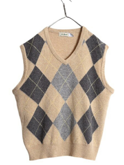 80s スコットランド製 エルエルビーン アーガイル ニット ベスト メンズ L / 旧タグ ヴィンテージ LLBEAN ラム ウール Vネック 重ね着 総柄