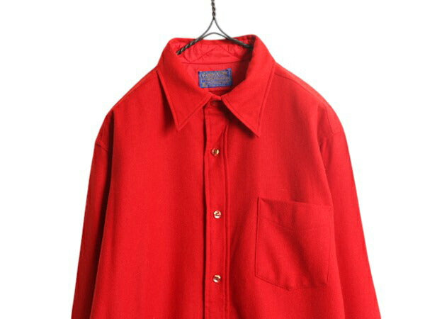 70s USA製 ペンドルトン 長袖 ウール シャツ メンズ L / 古着 70年代 ヴィンテージ PENDLETON 長袖シャツ 薄手 無地 ポケット付き レッド