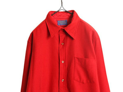 70s USA製 ペンドルトン 長袖 ウール シャツ メンズ L / 古着 70年代 ヴィンテージ PENDLETON 長袖シャツ 薄手 無地 ポケット付き レッド