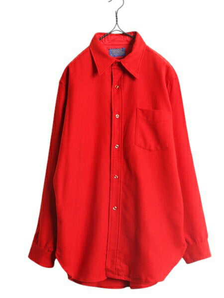 70s USA製 ペンドルトン 長袖 ウール シャツ メンズ L / 古着 70年代 ヴィンテージ PENDLETON 長袖シャツ 薄手 無地 ポケット付き レッド