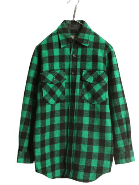 エルエルビーン ブロック チェック CPO ウール シャツ メンズ XS / 古着 LLBEAN 長袖シャツ ヘビーウェイト ジャケット ポケット付き 緑 黒
