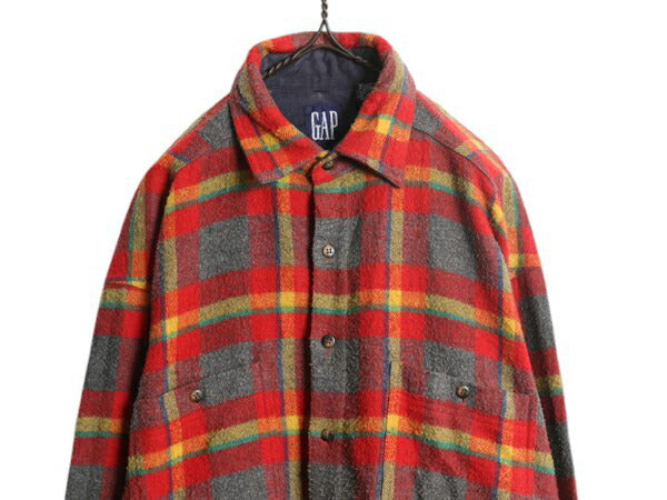 90s OLD GAP チェック ウール フランネル シャツ メンズ L 古着 オールド ギャップ ネルシャツ ジャケット ポケット付き 厚手 マルチカラー