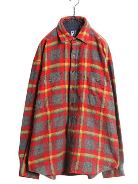 90s OLD GAP チェック ウール フランネル シャツ メンズ L 古着 オールド ギャップ ネルシャツ ジャケット ポケット付き 厚手 マルチカラー