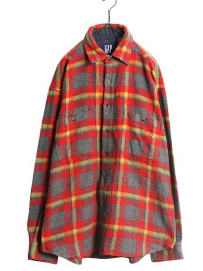 90s OLD GAP チェック ウール フランネル シャツ メンズ L 古着 オールド ギャップ ネルシャツ ジャケット ポケット付き 厚手 マルチカラー