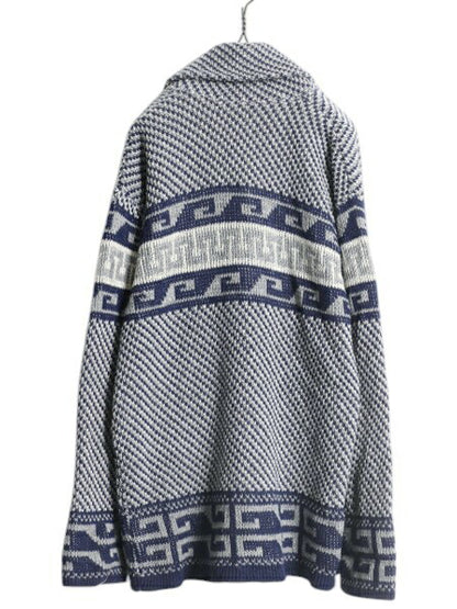 70s SPORTSWEAR ショールカラー アクリル デザイン ニット ガウン メンズ L / 古着 ヴィンテージ カーディガン ネイティブ 前開き 羽織り