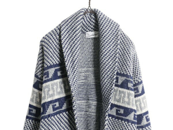 70s SPORTSWEAR ショールカラー アクリル デザイン ニット ガウン メンズ L / 古着 ヴィンテージ カーディガン ネイティブ 前開き 羽織り