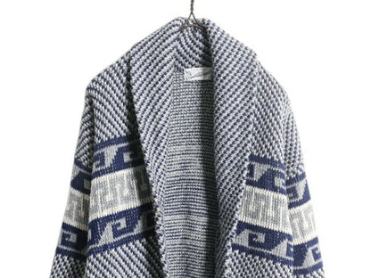 70s SPORTSWEAR ショールカラー アクリル デザイン ニット ガウン メンズ L / 古着 ヴィンテージ カーディガン ネイティブ 前開き 羽織り