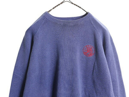 90s ポロ ラルフローレン コットン ニット セーター メンズ M 古着 オールド クッキー クレスト 当時物 ワンポイント クルーネック ブルー