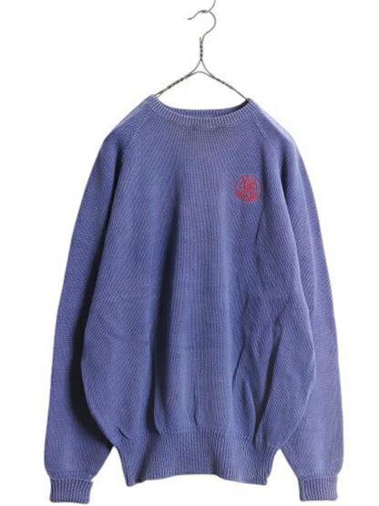 90s ポロ ラルフローレン コットン ニット セーター メンズ M 古着 オールド クッキー クレスト 当時物 ワンポイント クルーネック ブルー