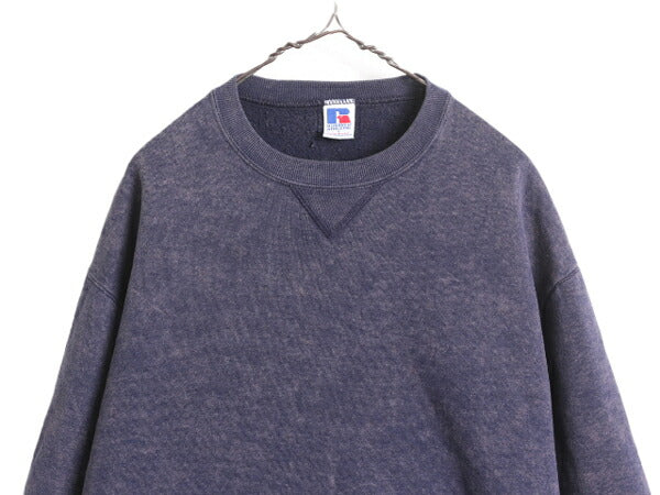 90s USA製 ラッセル ブリーチ タイダイ 前V スウェット メンズ レディース L / 古着 90年代 オールド RUSSELL 裏起毛 トレーナー 1点物 紺