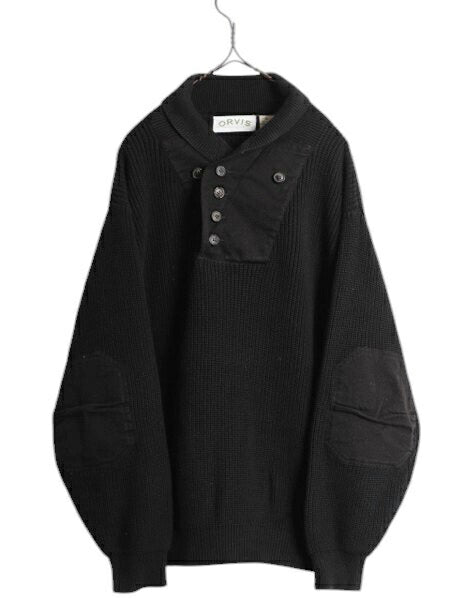 00s オービス ショールカラー コットン ニット セーター メンズ XL オールド リブ編み ハンティング エルボーパッチ アウトドア 無地 黒