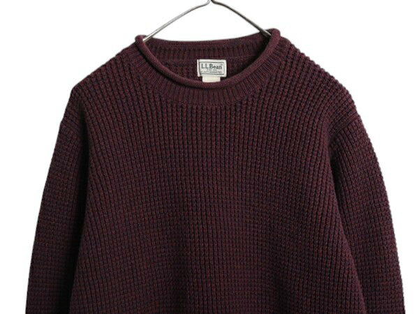 00s エルエルビーン ロールネック コットン ニット セーター メンズ XL 無地 LLBEAN アウトドア リブ編み チャンキー 大きいサイズ エンジ