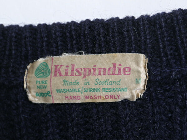 70s スコットランド製 KILSPINNDIE ウール ニット セーター メンズ M 古着 ヴィンテージ モックネック ローゲージ リブ編み チャンキー 紺