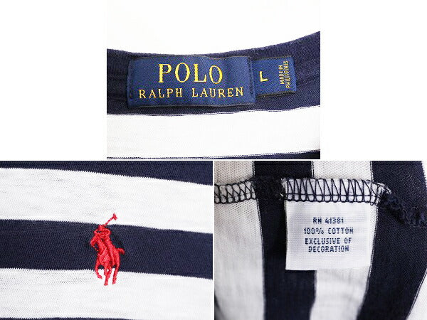 ポロ ラルフローレン ボーダー 半袖 Tシャツ メンズ L 古着 ボーダーT 半袖シャツ コットン ワンポイント クルーネック 2トーン 薄手 紺 白