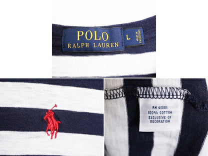 ポロ ラルフローレン ボーダー 半袖 Tシャツ メンズ L 古着 ボーダーT 半袖シャツ コットン ワンポイント クルーネック 2トーン 薄手 紺 白