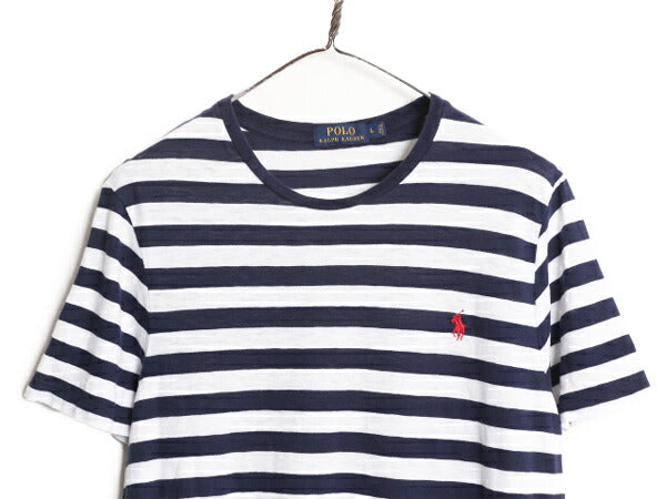 ポロ ラルフローレン ボーダー 半袖 Tシャツ メンズ L 古着 ボーダーT 半袖シャツ コットン ワンポイント クルーネック 2トーン 薄手 紺 白