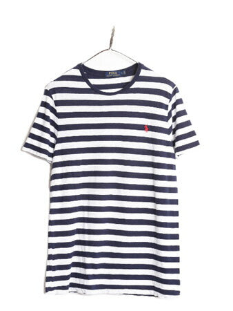 ポロ ラルフローレン ボーダー 半袖 Tシャツ メンズ L 古着 ボーダーT 半袖シャツ コットン ワンポイント クルーネック 2トーン 薄手 紺 白