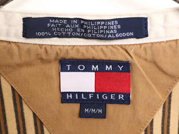 90s トミーヒルフィガー バンドカラー ストライプ 長袖 シャツ メンズ M 古着 オールド TOMMY HILFIGER ノーカラー プルオーバー コットン