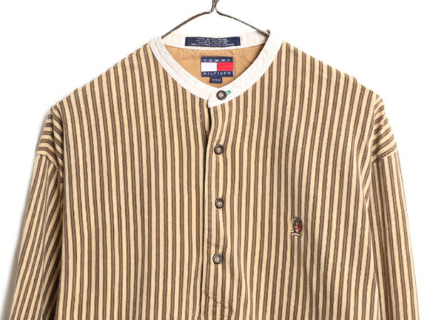 90s トミーヒルフィガー バンドカラー ストライプ 長袖 シャツ メンズ M 古着 オールド TOMMY HILFIGER ノーカラー プルオーバー コットン