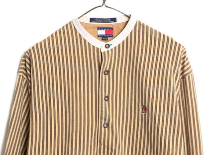 90s トミーヒルフィガー バンドカラー ストライプ 長袖 シャツ メンズ M 古着 オールド TOMMY HILFIGER ノーカラー プルオーバー コットン