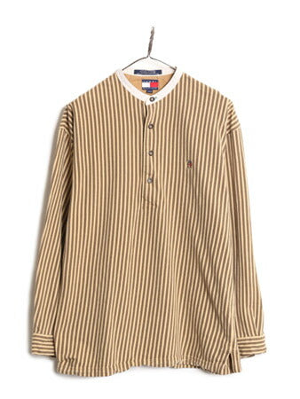 90s トミーヒルフィガー バンドカラー ストライプ 長袖 シャツ メンズ M 古着 オールド TOMMY HILFIGER ノーカラー プルオーバー コットン