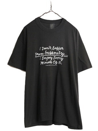 90s USA製 メッセージ プリント 半袖 Tシャツ メンズ XL 90年代 当時物 オールド ジョーク 大きいサイズ ブラック シングルステッチ 黒 黒T