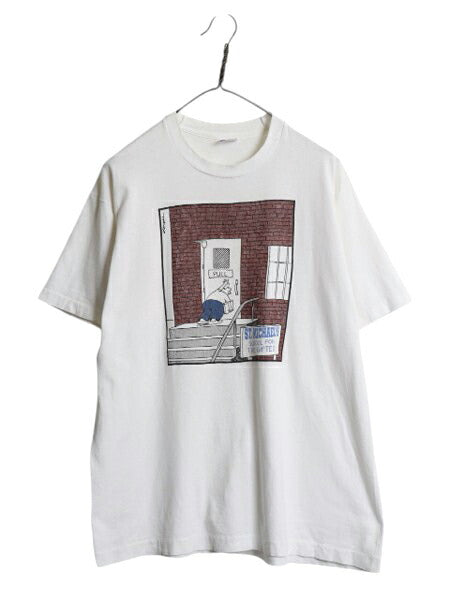 90s USA製 ジョーク キャラクター イラスト プリント 半袖 Tシャツ メンズ XL / 古着 オールド アート シングルステッチ ヘビーウェイト 白