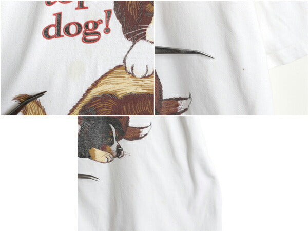 90s ドッグ イラスト 両面 プリント 半袖 Tシャツ メンズ レディース XL程 古着 オールド ジョーボクサー 犬 アニマル シングルステッチ 白