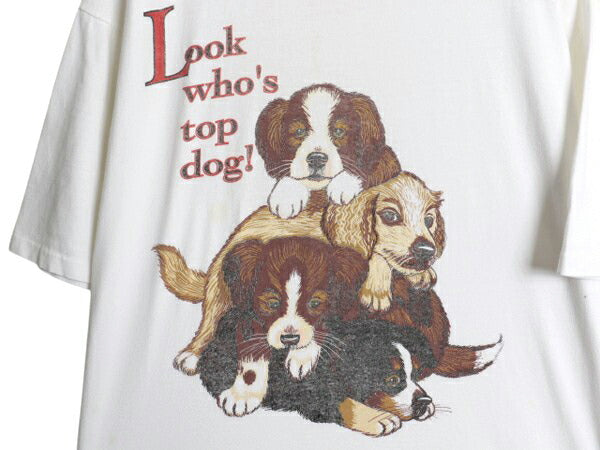 90s ドッグ イラスト 両面 プリント 半袖 Tシャツ メンズ レディース XL程 古着 オールド ジョーボクサー 犬 アニマル シングルステッチ 白