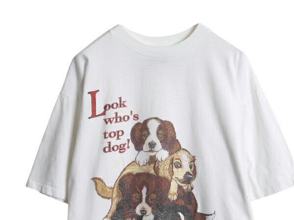 90s ドッグ イラスト 両面 プリント 半袖 Tシャツ メンズ レディース XL程 古着 オールド ジョーボクサー 犬 アニマル シングルステッチ 白