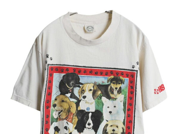 90s USA製 ドッグ イラスト 両面 プリント Tシャツ メンズ レディース M 古着 オールド アニマル アート ヘビーウェイト メッセージ 企業物