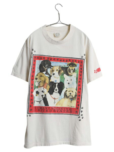 90s USA製 ドッグ イラスト 両面 プリント Tシャツ メンズ レディース M 古着 オールド アニマル アート ヘビーウェイト メッセージ 企業物