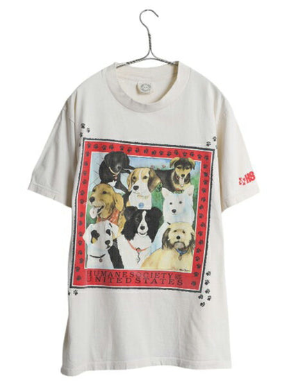 90s USA製 ドッグ イラスト 両面 プリント Tシャツ メンズ レディース M 古着 オールド アニマル アート ヘビーウェイト メッセージ 企業物