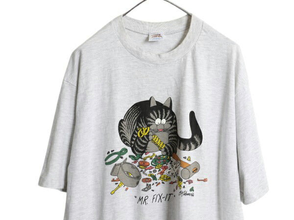 90s USA製 クリバンキャット イラスト 両面 プリント Tシャツ メンズ XL / オールド ネコ キャラクター シングルステッチ 灰 大きいサイズ