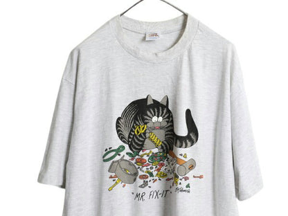 90s USA製 クリバンキャット イラスト 両面 プリント Tシャツ メンズ XL / オールド ネコ キャラクター シングルステッチ 灰 大きいサイズ