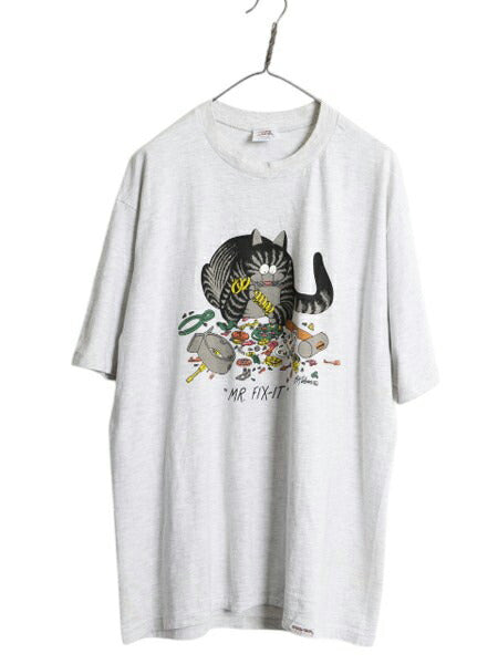 90s USA製 クリバンキャット イラスト 両面 プリント Tシャツ メンズ XL / オールド ネコ キャラクター シングルステッチ 灰 大きいサイズ