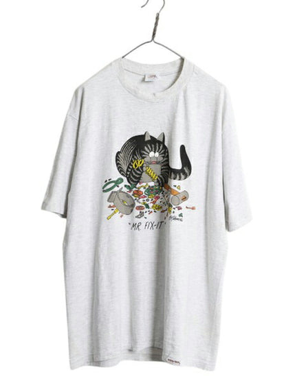 90s USA製 クリバンキャット イラスト 両面 プリント Tシャツ メンズ XL / オールド ネコ キャラクター シングルステッチ 灰 大きいサイズ