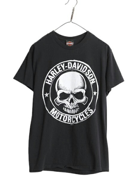 ハーレー ダビットソン スカル イラスト プリント Tシャツ メンズ M オフィシャル バイク ロゴ グラフィック ヘビーウェイト 黒 モノトーン