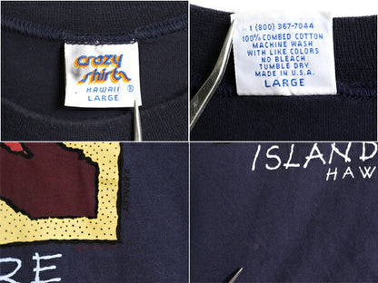 90s USA製 アート イラスト 両面 プリント Tシャツ メンズ L 古着 オールド グラフィック ヘビーウェイト Crazy Shirt シングルステッチ 紺