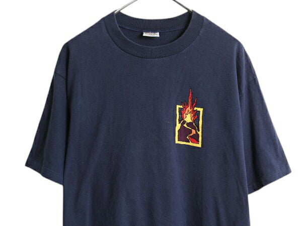 90s USA製 アート イラスト 両面 プリント Tシャツ メンズ L 古着 オールド グラフィック ヘビーウェイト Crazy Shirt シングルステッチ 紺
